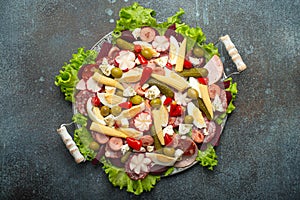 Fiambre, salad of Guatemala, Mexico and Latin America, served on large plate top view. Festive dish for All