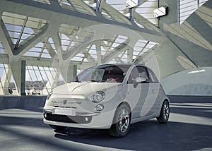 Fiat 500 city car in the middle of building environment.