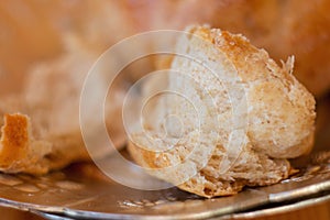 Fiber closeup of homemade fluffy bread hot out of the oven.