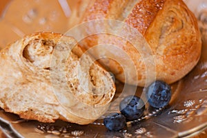 Fiber closeup of homemade fluffy bread hot out of the oven.