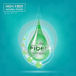 Fiber in Food concept label in golden letters in green frame on Light blue background