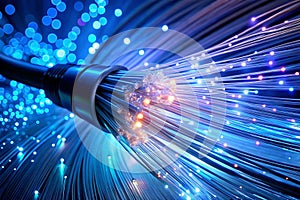 Fiber optic cable network connection with glowing light