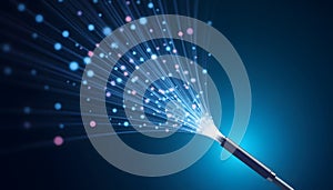 Fiber optic cable transmitting glowing light particles and data streams on a dark blue background