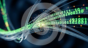 Fiber Optic Cables with Binary Code Data Flow and Light Particles