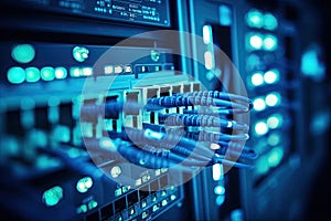 Fiber Optic cables connected to network switch in data center, Network cables connected into switches. Ethernet router in data