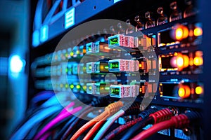 Fiber Optic cables connected to an optic ports in data center, close up of network cables connected to an internet hub, shallow