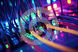 Fiber Optic cables connected to an optic ports in data center, A close-up shot of network cables connected to an internet hub,