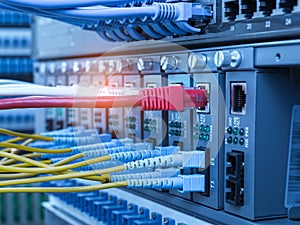 Fiber Optic cables connected to an optic ports and Network