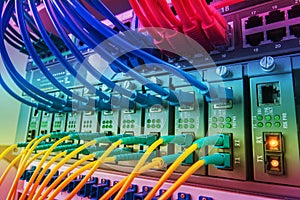 Fiber Optic cables connected to an optic ports and Network