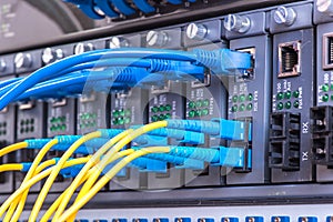 Fiber Optic cables connected to an optic ports and Network cable