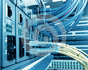 Fiber Optic cables connected to an optic ports and UTP Network cables