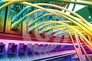 Fiber Optic cables connected to an optic ports and UTP Network cables