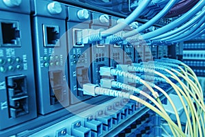 Fiber Optic cables connected to an optic ports and UTP Network cables
