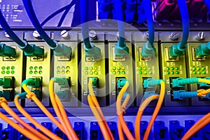 Fiber Optic cables connected to an optic ports and UTP Network cables