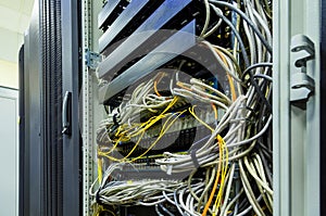 Fiber Optic cables connected to ports and UTP Network ethernet .