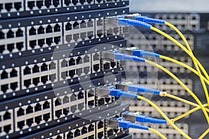 Fiber-optic cables are connected to the switch ports. High-speed data transfer. Server communication equipment of the Internet