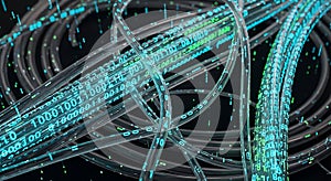 Fiber optic cables with glowing binary code, symbolizing data transmission and digital technology.