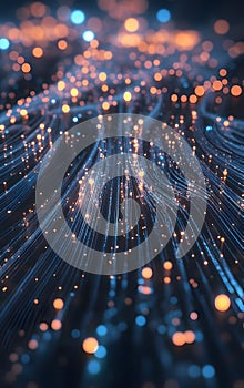 Fiber optic cables glowing brightly in a dense, interconnected network, where light pulses through each fiber, connecting a vast