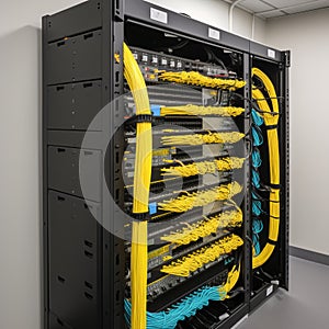 fiber optic cables plugged in network switch panel inside data center,
