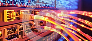 Fiber optic cables transferring data on a network server