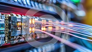 Fiber optic cables transferring data in server room with blurred background