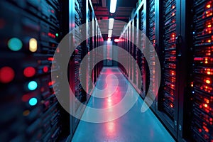 Fiber optic cables transferring data in a server room network infrastructure internet