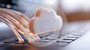 Fiber optic cables transferring data to a cloud computing icon above a laptop keyboard, symbolizing data transfer and cloud