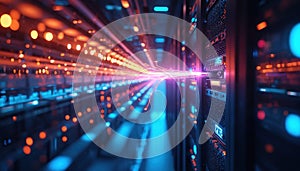 Fiber optic cables transmit glowing data streams to server hardware in modern datacenter. High speed information transfer