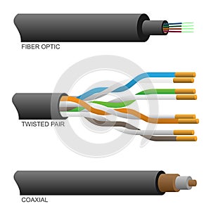 Fiber Optic Coaxial and Twisted Pair Network Cables Vector Illustration