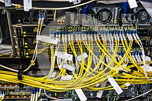 Fiber optic connecting on core network swtich operations center, close up