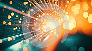 Fiber optic data streaming glowing with light particles