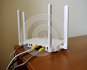 Fiber Optic Internet. Network cables Connected to a router, internet security concept. Wireless internet router.