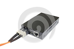 Fiber optic Media converter with metallic RJ45 connector and SC fiber Optic connector isolated on white background