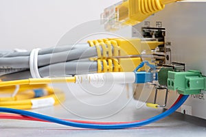 Fiber optic and network ethernet patch cord cable connect to the switch