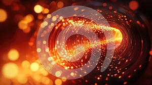 Fiber optic cable transmitting data with glowing light particles