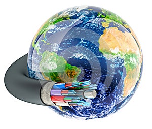 Fiber optical cable with Earth Globe. 3D rendering