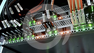 Fiber Optical connector interface. Flashing light bulbs. Information technology computer network, telecommunication fiber optical