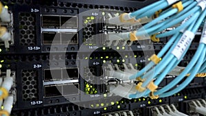 Fiber optical connector interface. Information technology computer network, telecommunication fiber optical cables connected.