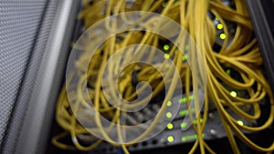 Fiber Optical Yellow Cables. Datacenter rack. Blink Green Led. Blurred supercomputer. The video contains a slight noise
