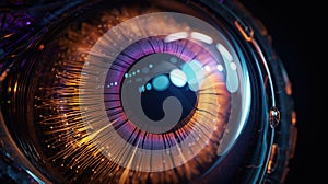 Fiber optics background, close up of human eye. High technology.
