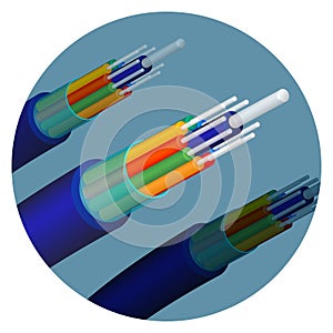 Fiber optics cable technology set in circle vector illustration