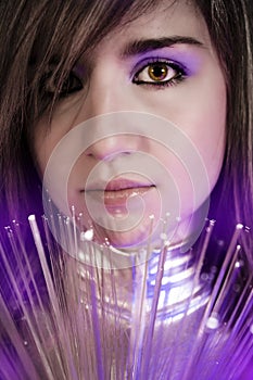 Fiber optics concept, future woman with silver lights