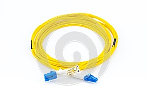 Fiber optics single mode patch cord LC to LC connector, isolated on white background