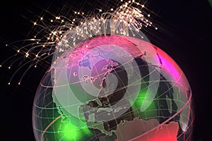World Map Earth Globe Information Communication High Tech Fiber Optic Network Binary Digital Technology Connectivity Wireframe photo
