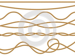 Fiber ropes realistic. Curve nautical rope seamless pattern, cord straight lasso decorative borders retro collection