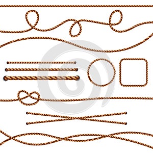 Fiber ropes. Straight brown realistic threads ropes crossing marine knots vector pictures