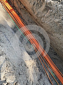 Fiberglass broadband cables in the street. Optical fiber cable.