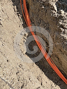 Fiberglass broadband cables in the street. Optical fiber cable.