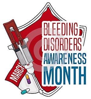 Fibrin Glue, Calendar and Pills Promoting Bleeding Disorders Awareness Month, Vector Illustration