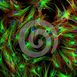 Fibroblasts (skin cells) labeled with fluorescence dyes photo